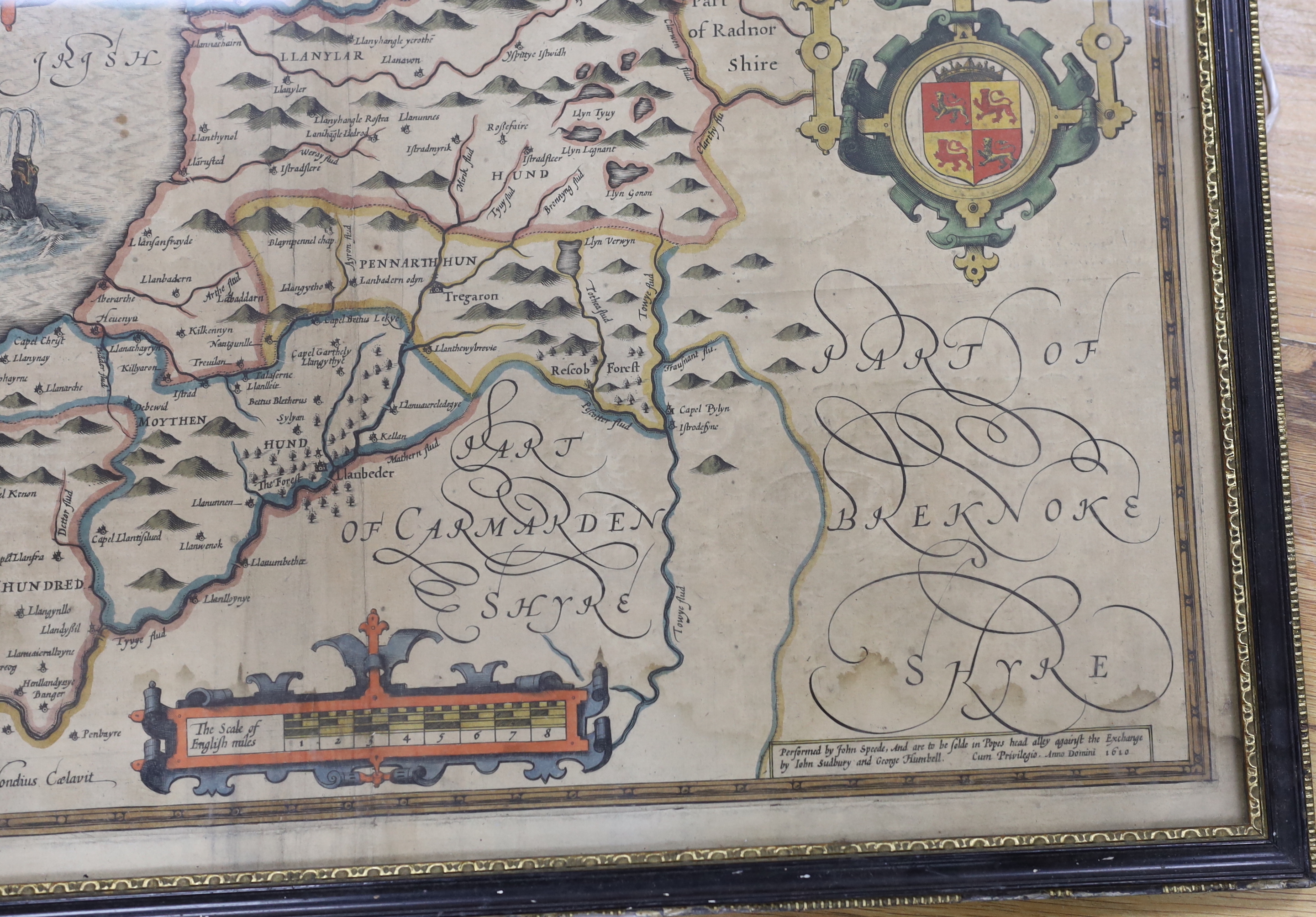 John Speed (1552-1629), hand coloured map of Cardiganshire, described with the due form of the Shiretown as it was surveyed by IS, Anno 1610, sold by John Sudbury and George Humbell, 41 x 52cm